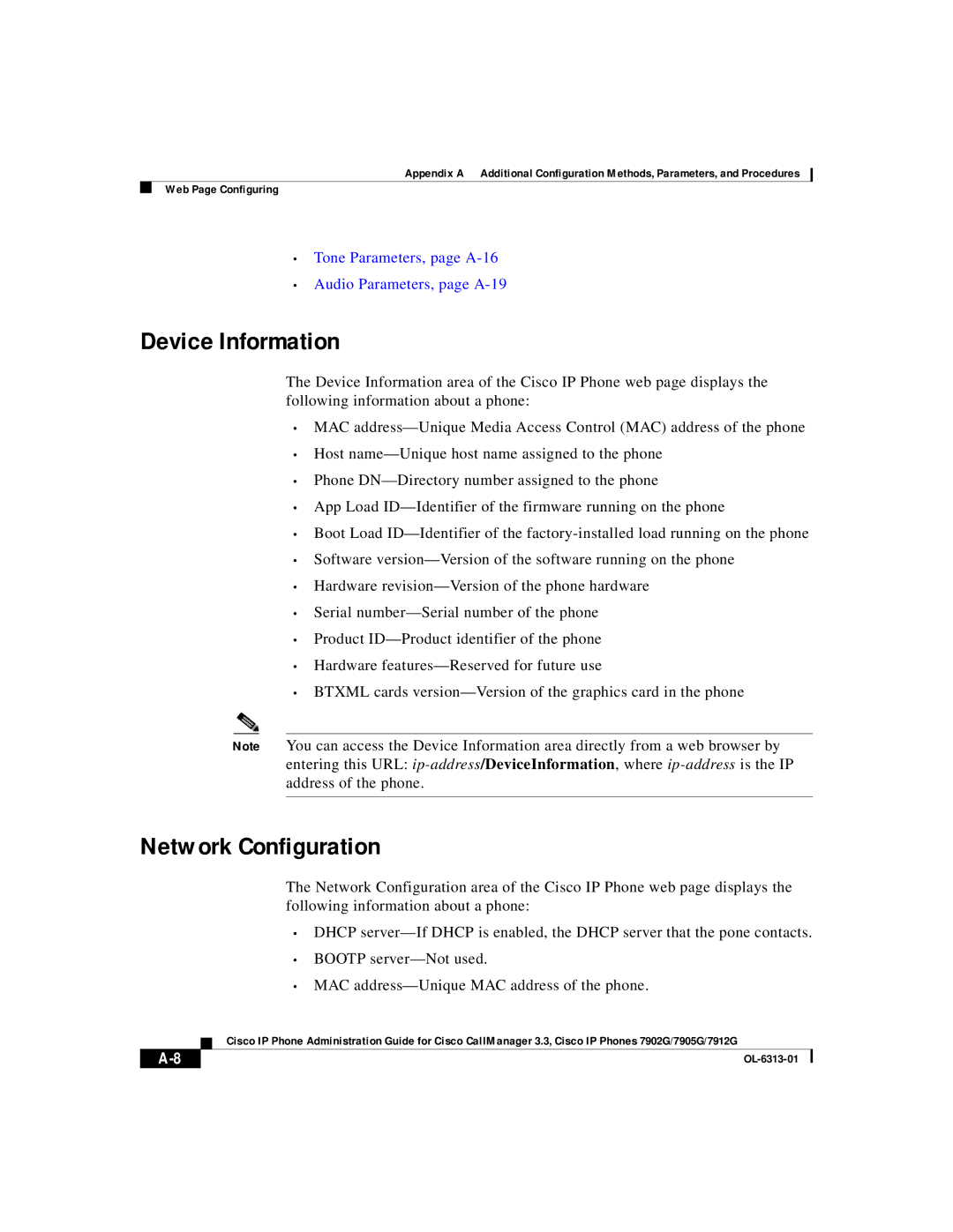 Cisco Systems 7912G Device Information, Network Configuration, Tone Parameters, page A-16 Audio Parameters, page A-19 