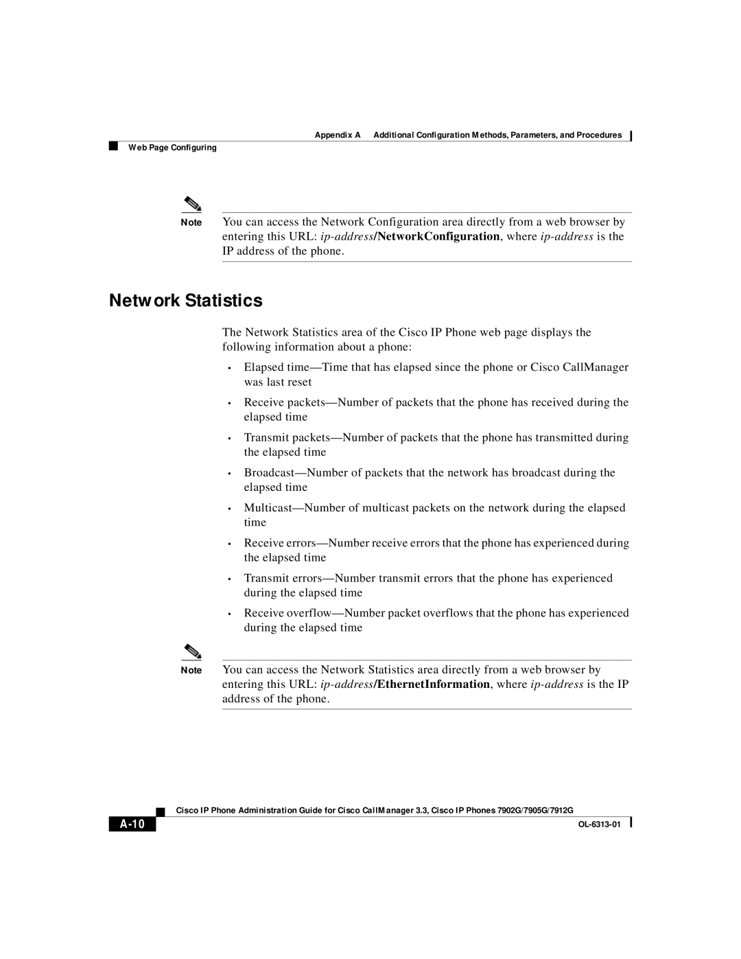 Cisco Systems 7905G, 7902G, 7912G manual Network Statistics 