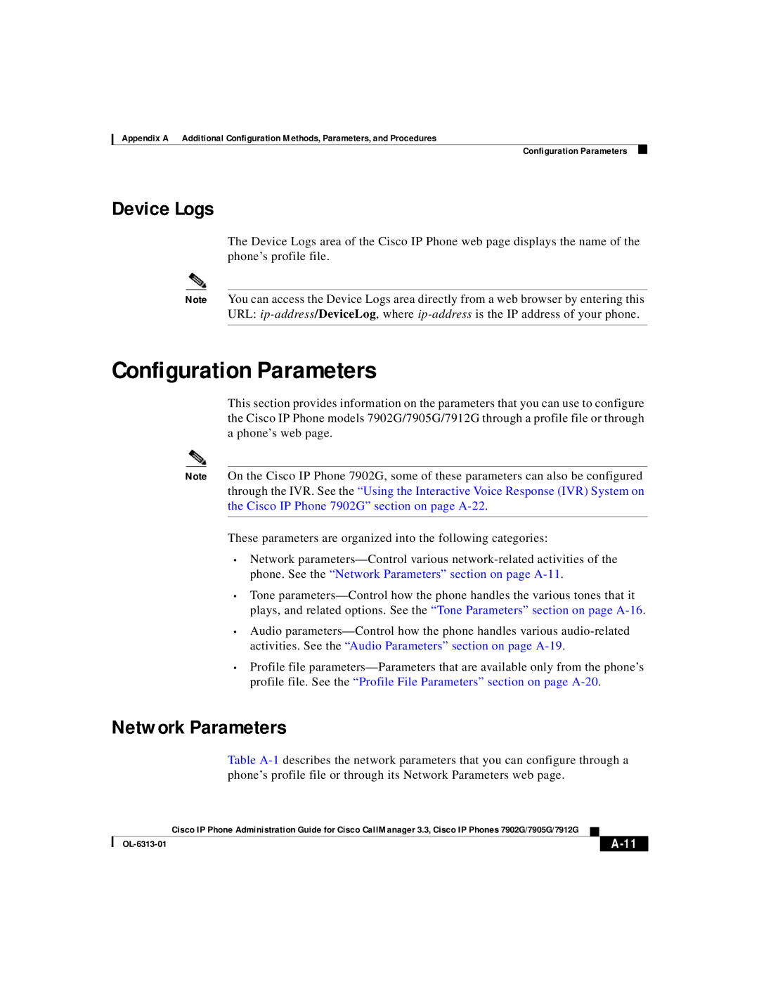 Cisco Systems 7912G, 7902G, 7905G manual Configuration Parameters, Device Logs, Network Parameters 