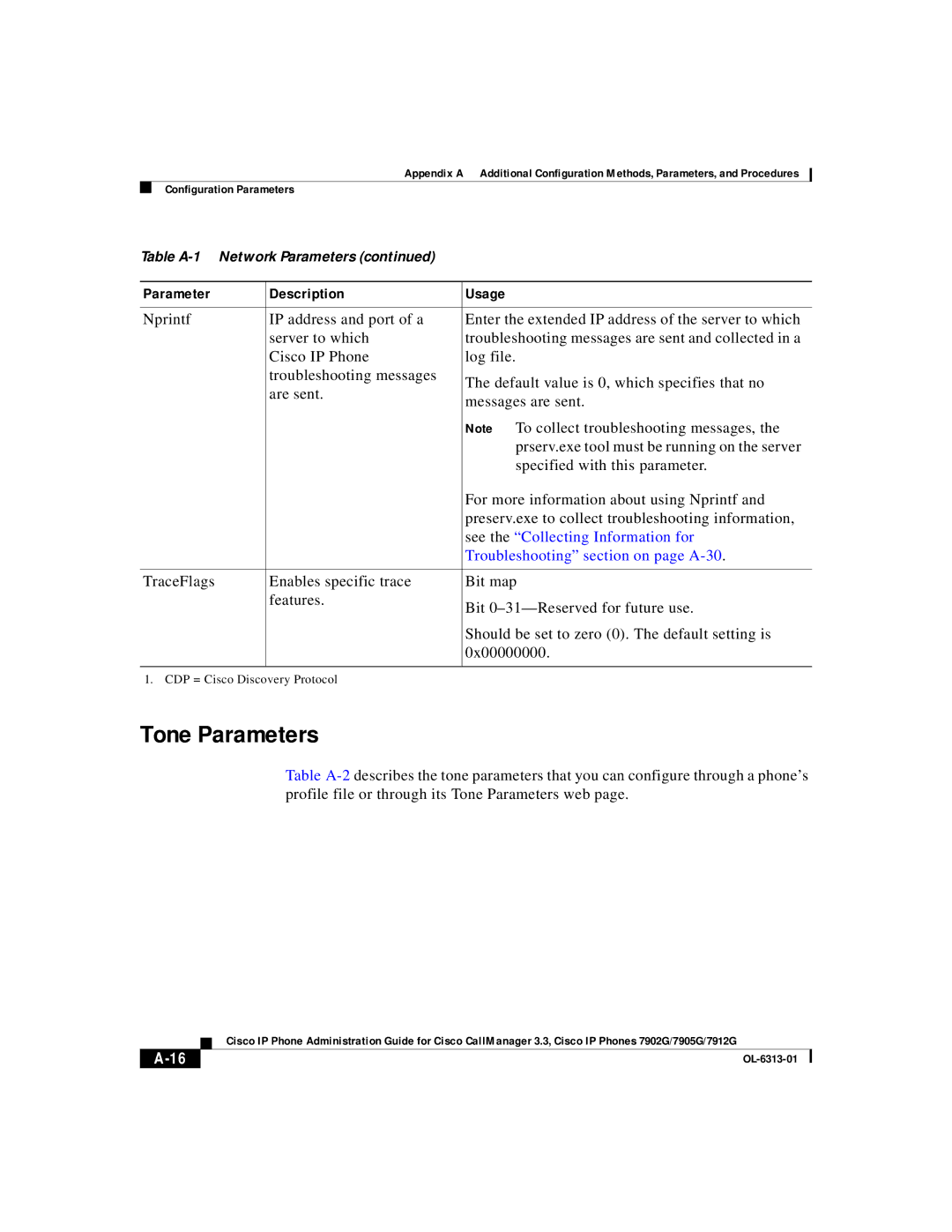 Cisco Systems 7905G, 7902G, 7912G Tone Parameters, See the Collecting Information for, Troubleshooting section on page A-30 