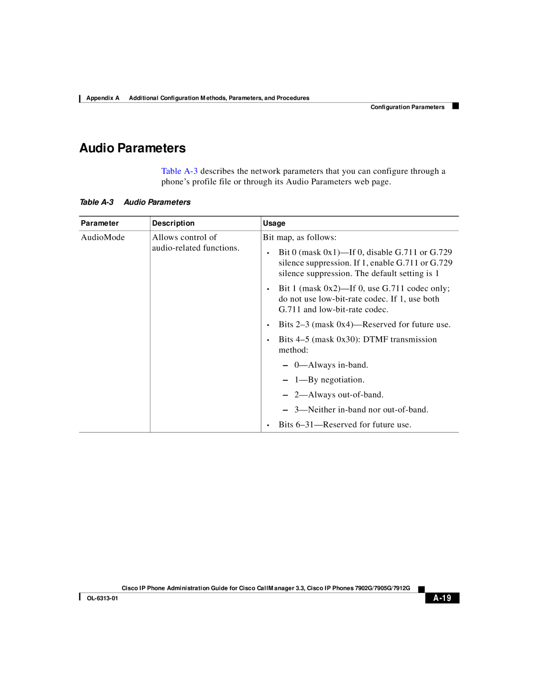 Cisco Systems 7905G, 7902G, 7912G manual Audio Parameters 