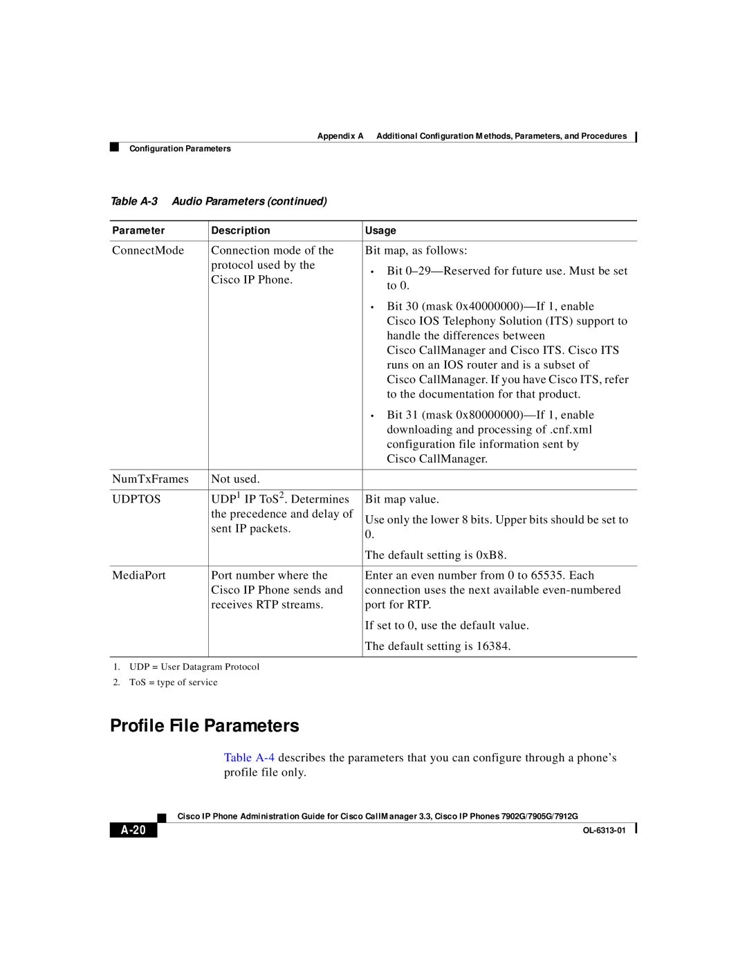 Cisco Systems 7912G, 7902G, 7905G manual Profile File Parameters, Udptos 