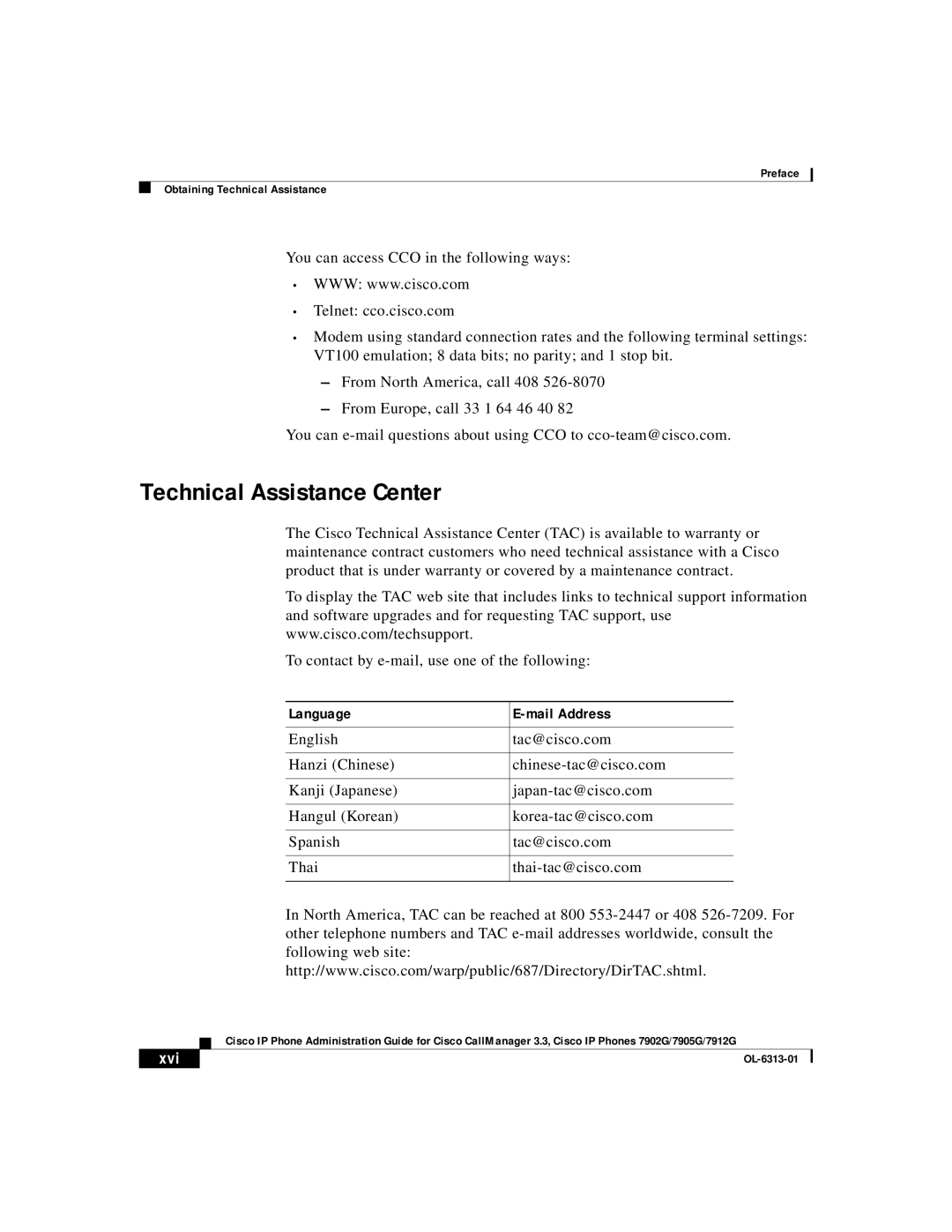 Cisco Systems 7905G, 7902G, 7912G manual Technical Assistance Center, Language Mail Address, Xvi 