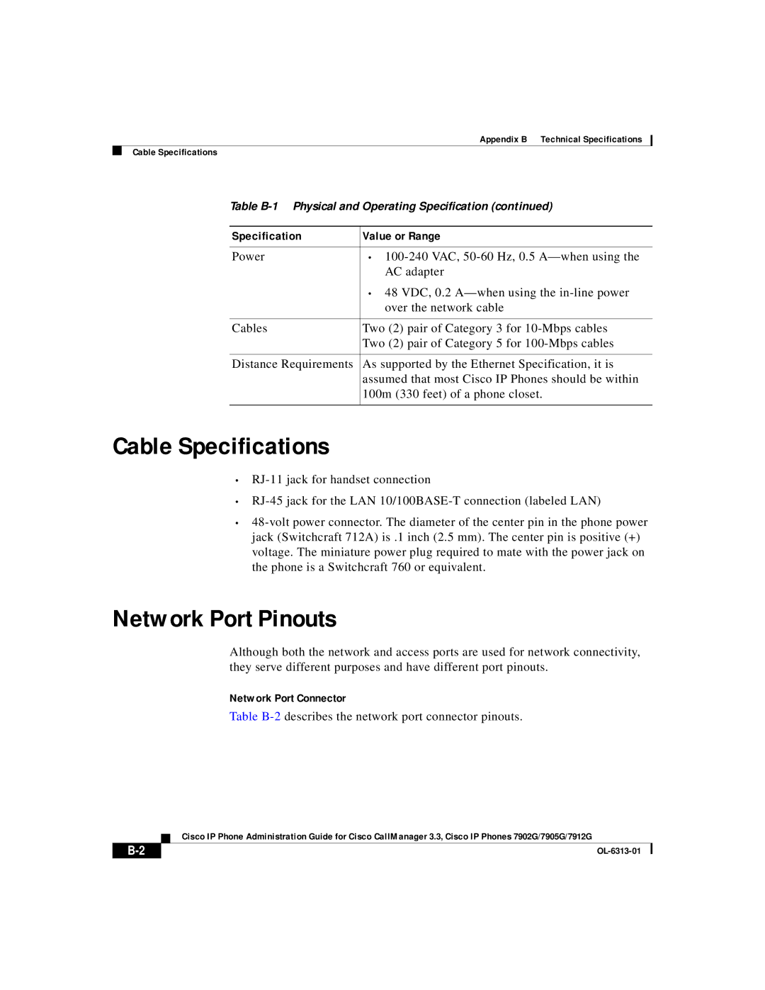 Cisco Systems 7905G, 7902G, 7912G manual Cable Specifications, Network Port Pinouts, Network Port Connector 