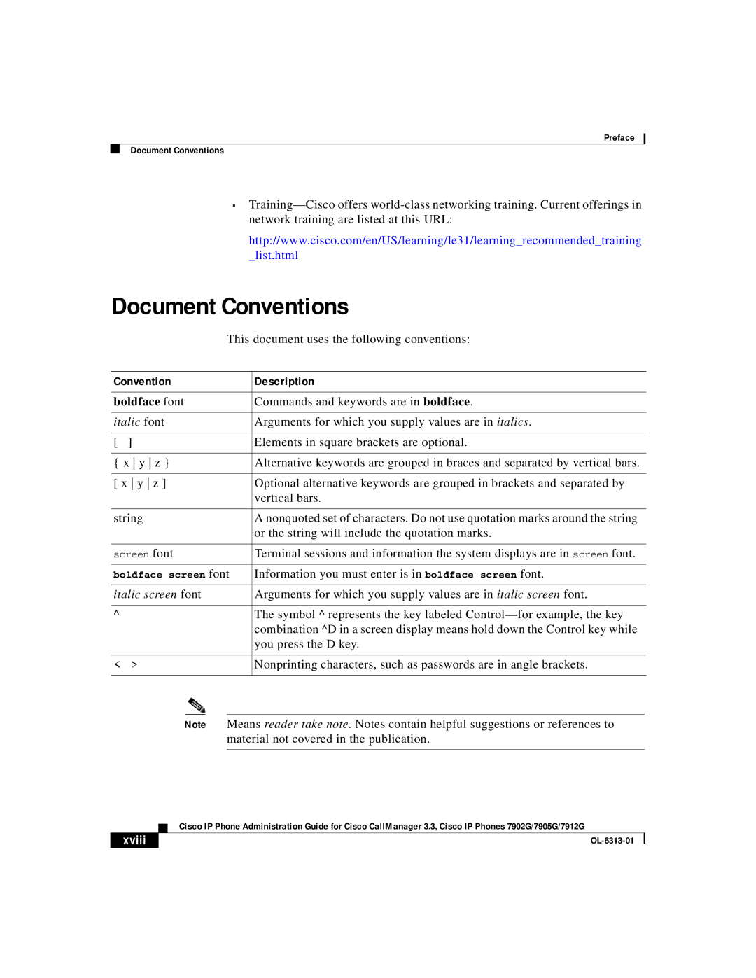 Cisco Systems 7902G, 7905G, 7912G manual Document Conventions, Convention Description, Boldface font, Xviii 