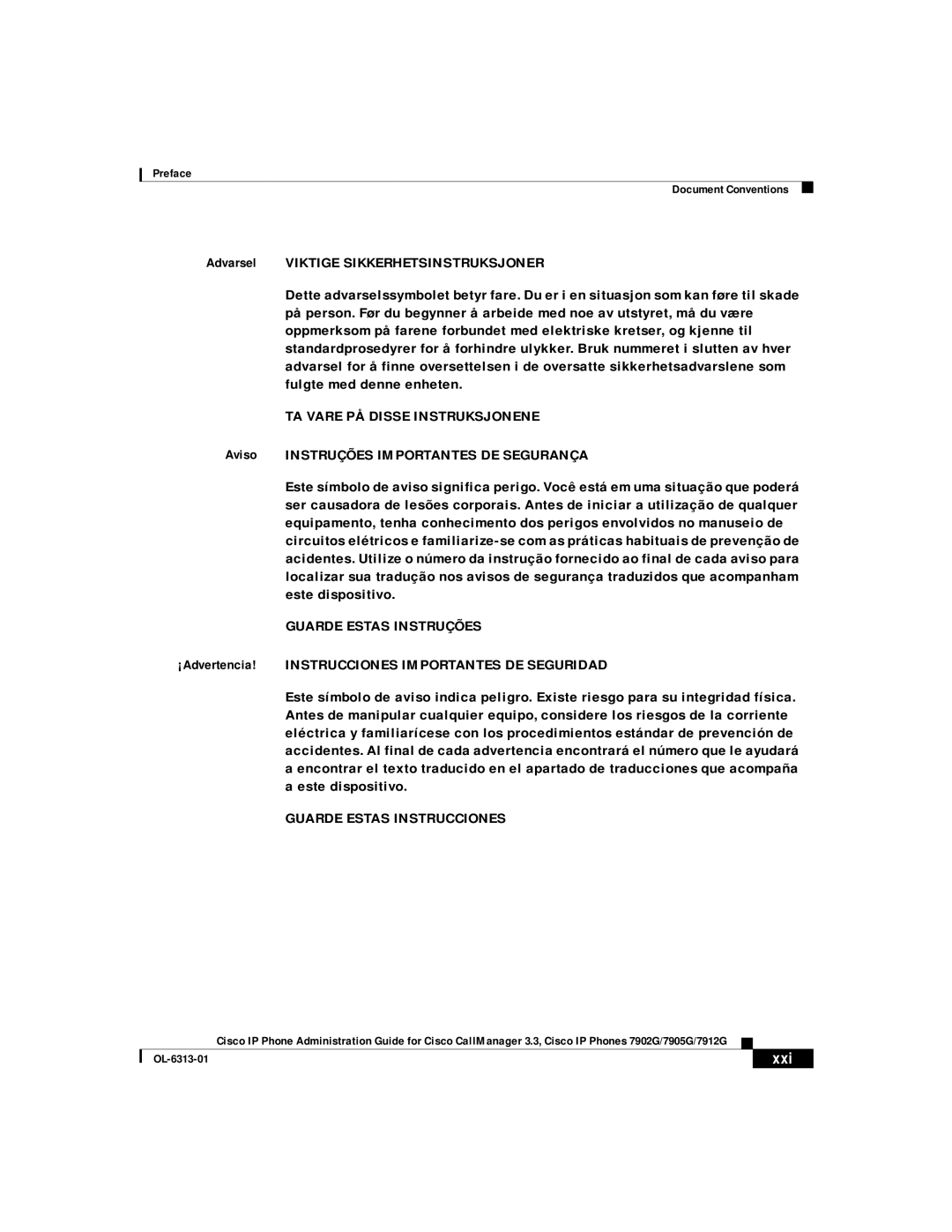 Cisco Systems 7902G, 7905G, 7912G manual TA Vare PÅ Disse Instruksjonene, Aviso Instruções Importantes DE Segurança 