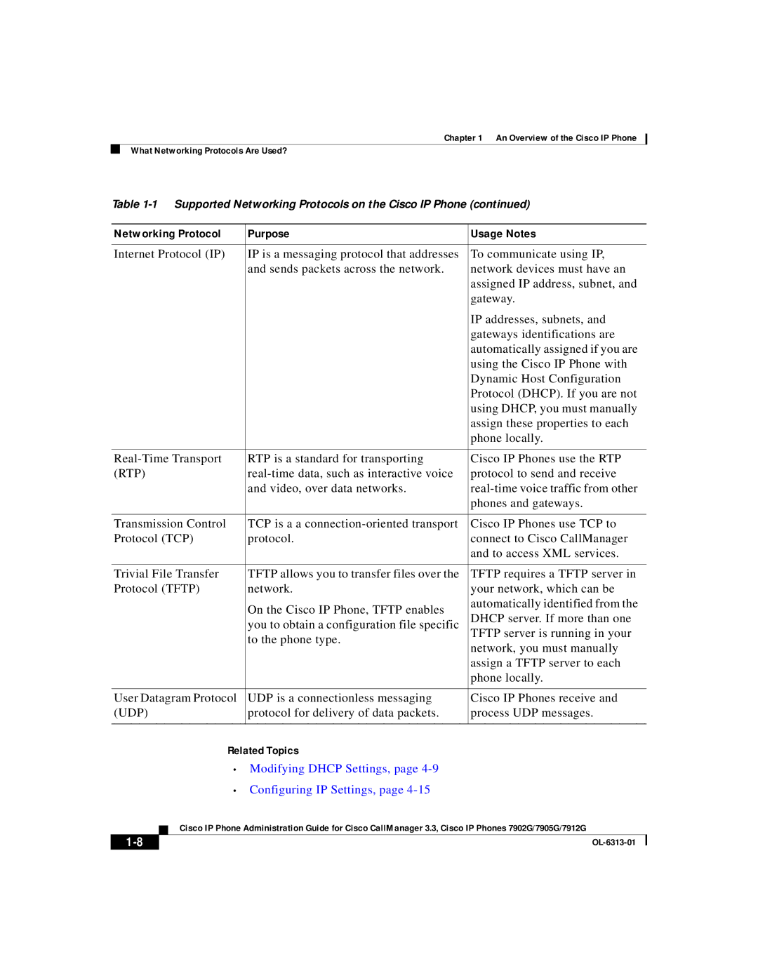 Cisco Systems 7912G, 7902G, 7905G manual Related Topics, Modifying Dhcp Settings, Configuring IP Settings 