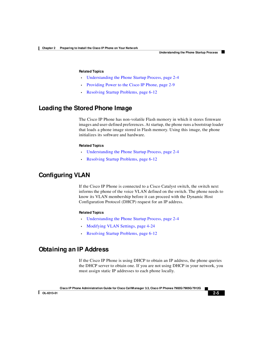 Cisco Systems 7902G, 7905G, 7912G manual Loading the Stored Phone Image, Configuring Vlan, Obtaining an IP Address 