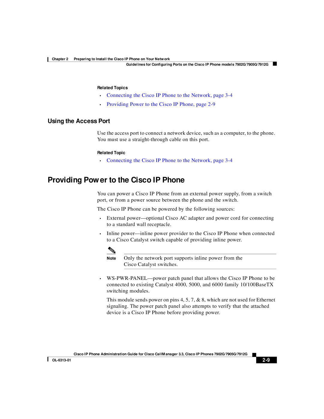 Cisco Systems 7905G, 7902G, 7912G manual Providing Power to the Cisco IP Phone, Using the Access Port 