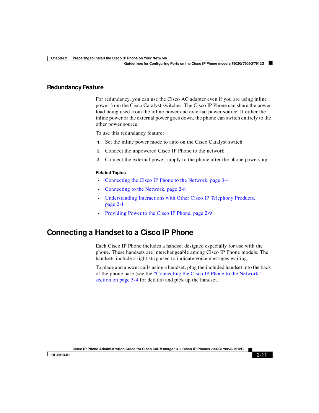 Cisco Systems 7902G, 7905G, 7912G manual Connecting a Handset to a Cisco IP Phone, Redundancy Feature 