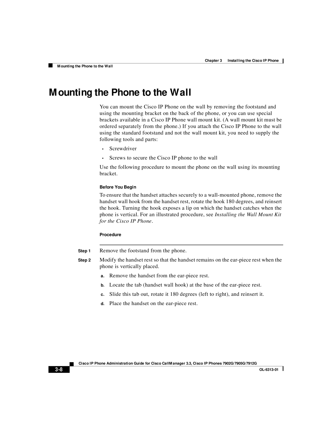 Cisco Systems 7902G, 7905G, 7912G manual Mounting the Phone to the Wall, Before You Begin 