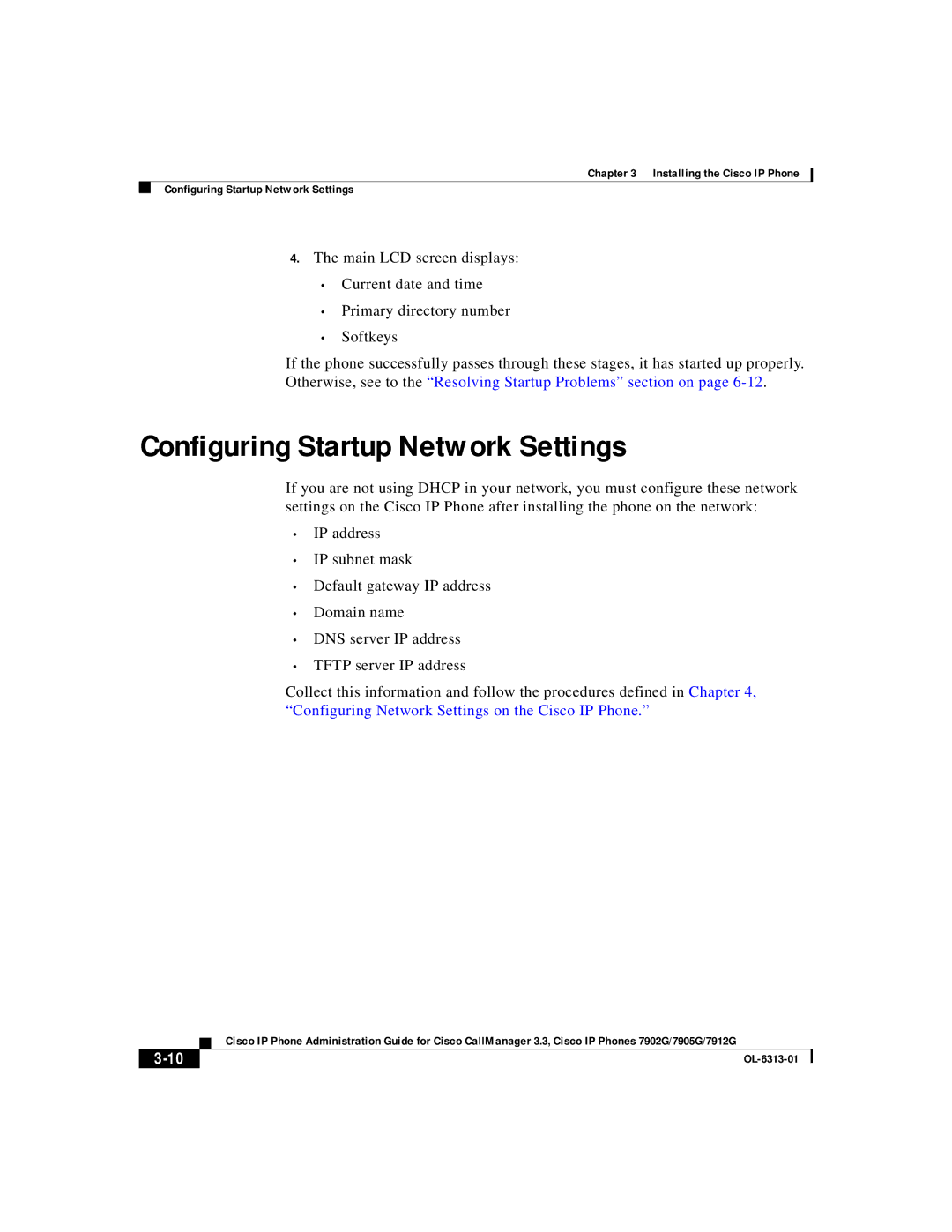 Cisco Systems 7912G, 7902G, 7905G manual Configuring Startup Network Settings 