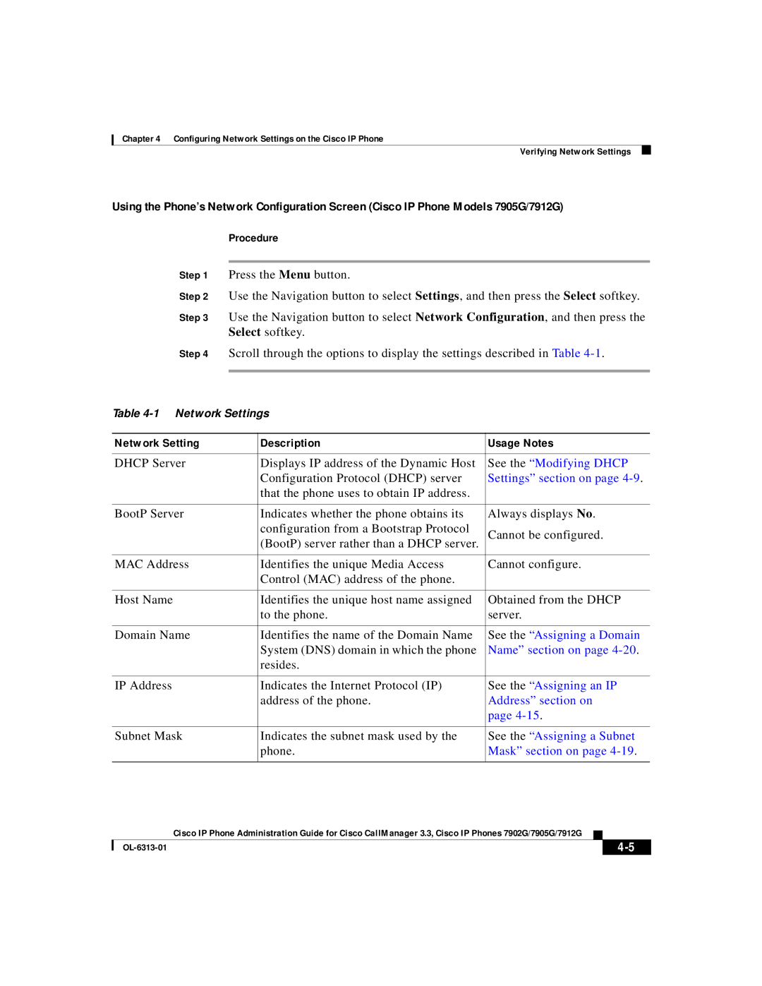 Cisco Systems 7905G, 7902G, 7912G manual Network Setting Description Usage Notes 