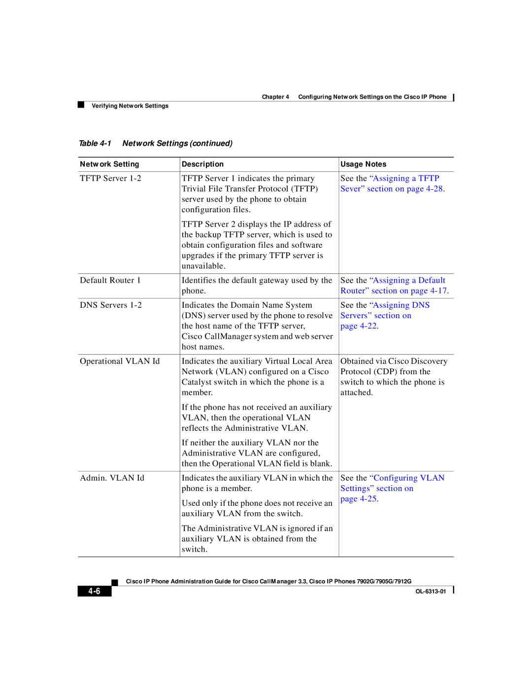 Cisco Systems 7912G, 7902G manual See the Assigning a Tftp, Sever section on, See the Assigning a Default, Router section on 