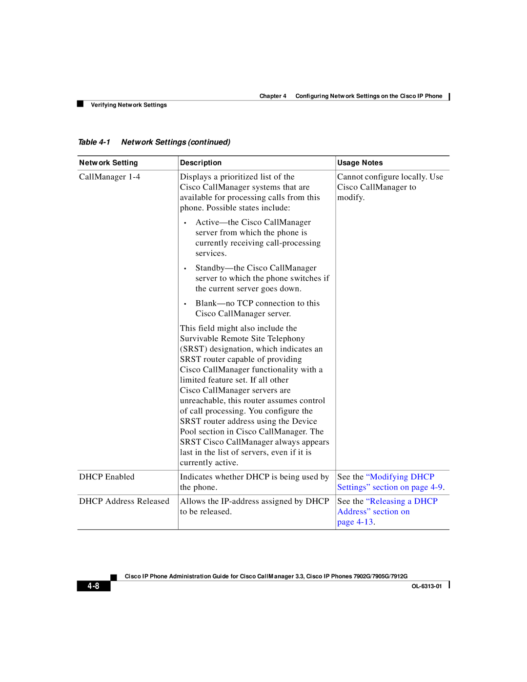 Cisco Systems 7905G, 7902G, 7912G manual See the Modifying Dhcp, See the Releasing a Dhcp 