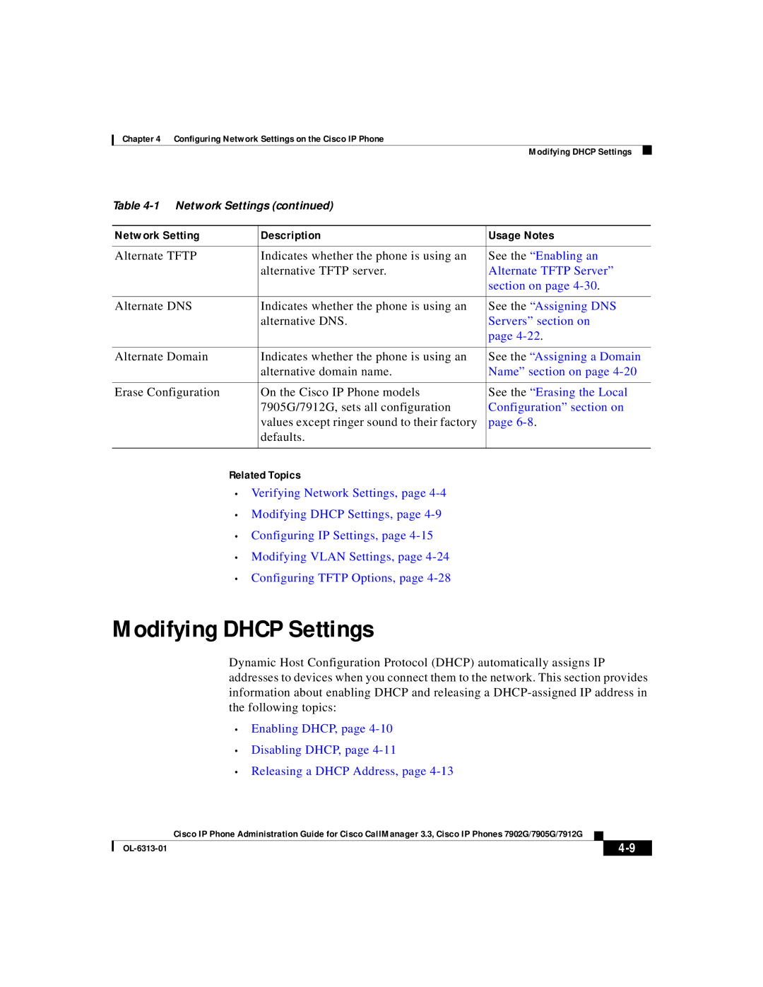 Cisco Systems 7912G, 7902G, 7905G manual Modifying Dhcp Settings 