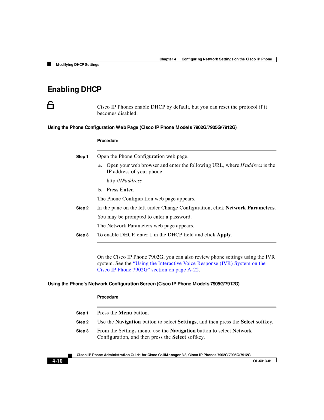 Cisco Systems 7902G, 7905G, 7912G manual Enabling Dhcp, Procedure 