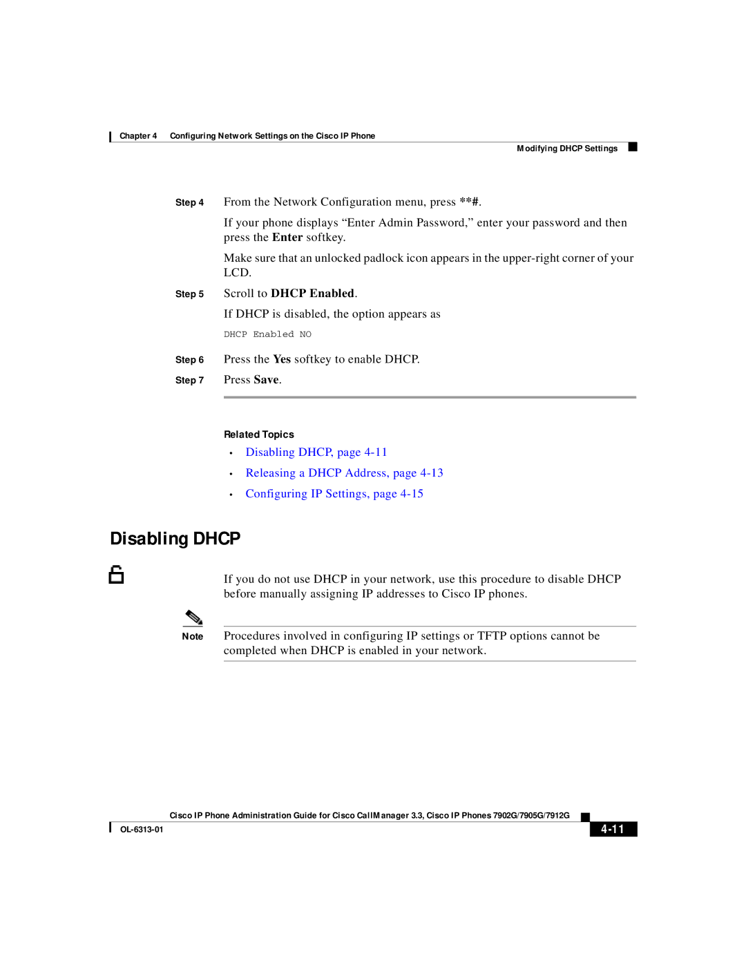 Cisco Systems 7905G, 7902G, 7912G manual Disabling Dhcp, Scroll to Dhcp Enabled 