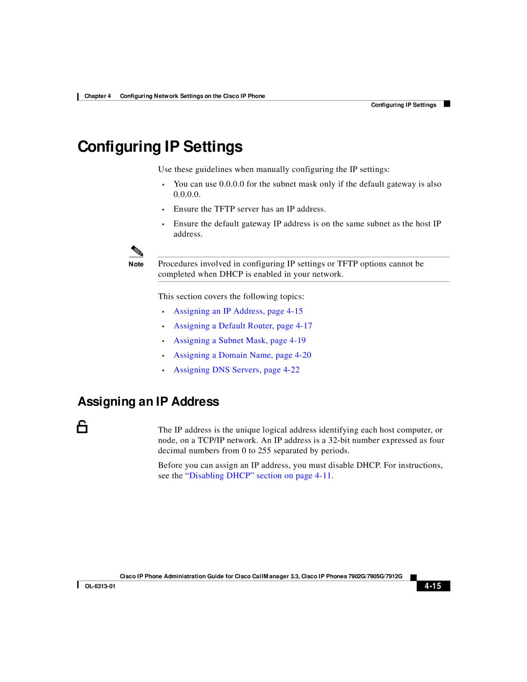 Cisco Systems 7912G, 7902G, 7905G manual Configuring IP Settings, Assigning an IP Address 