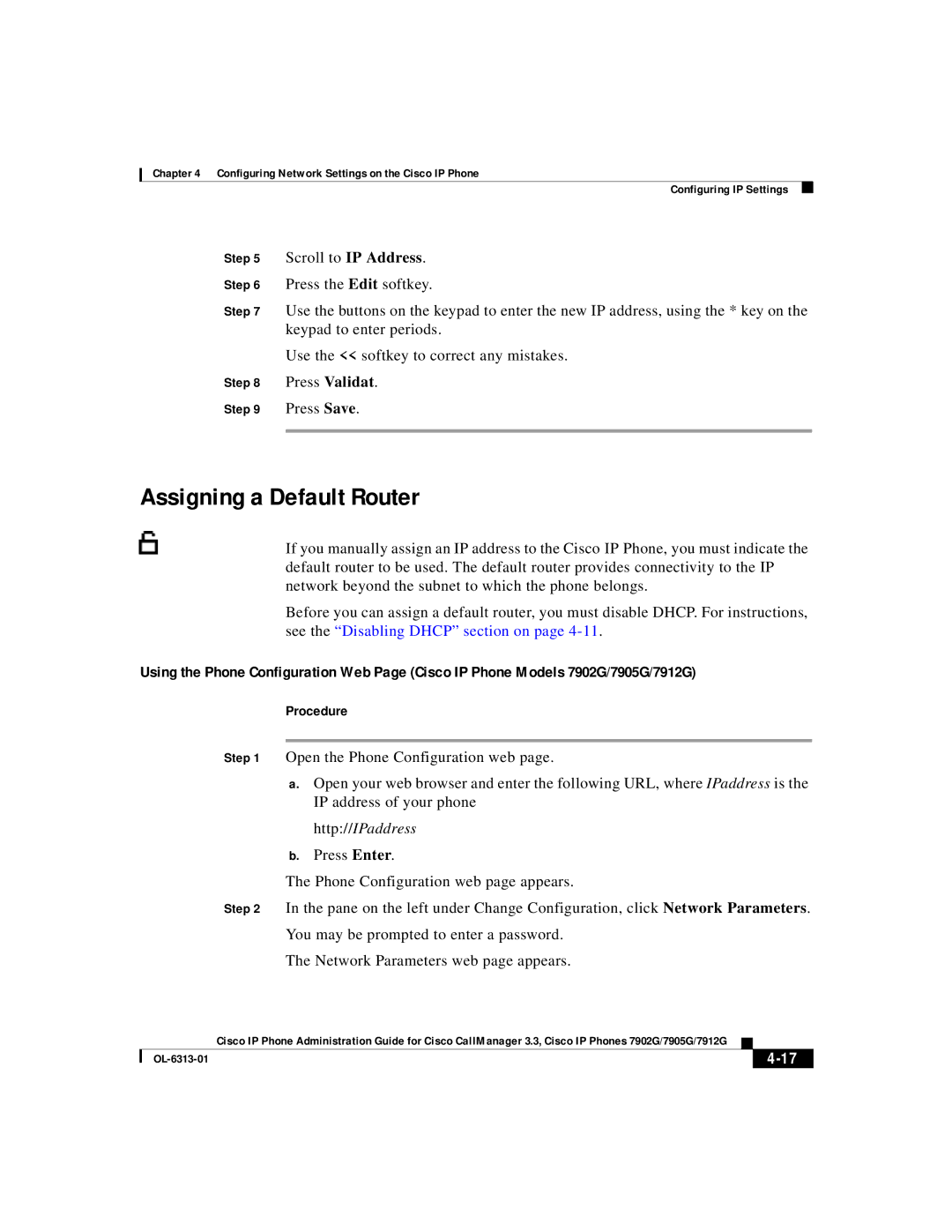 Cisco Systems 7905G, 7902G, 7912G manual Assigning a Default Router 