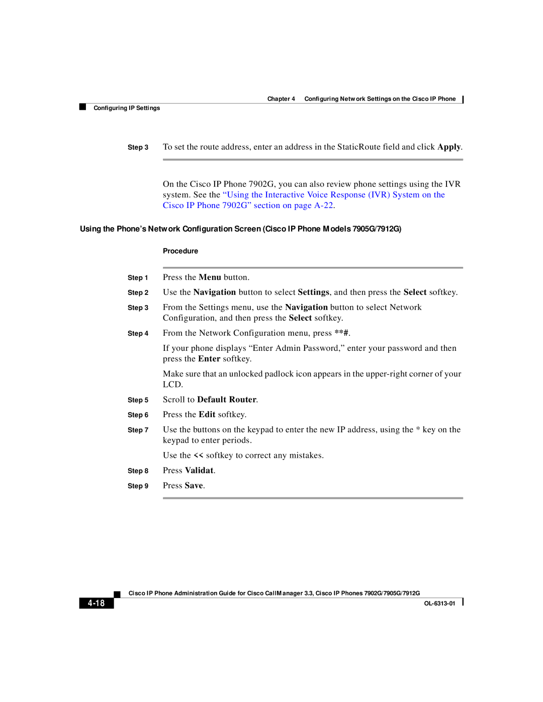 Cisco Systems 7912G, 7902G, 7905G manual Scroll to Default Router 