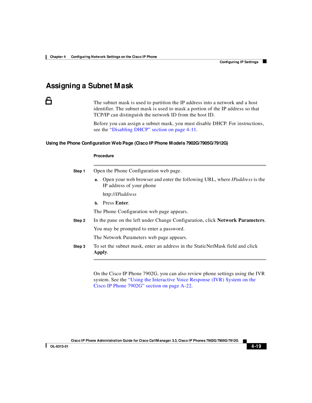 Cisco Systems 7902G, 7905G, 7912G manual Assigning a Subnet Mask 