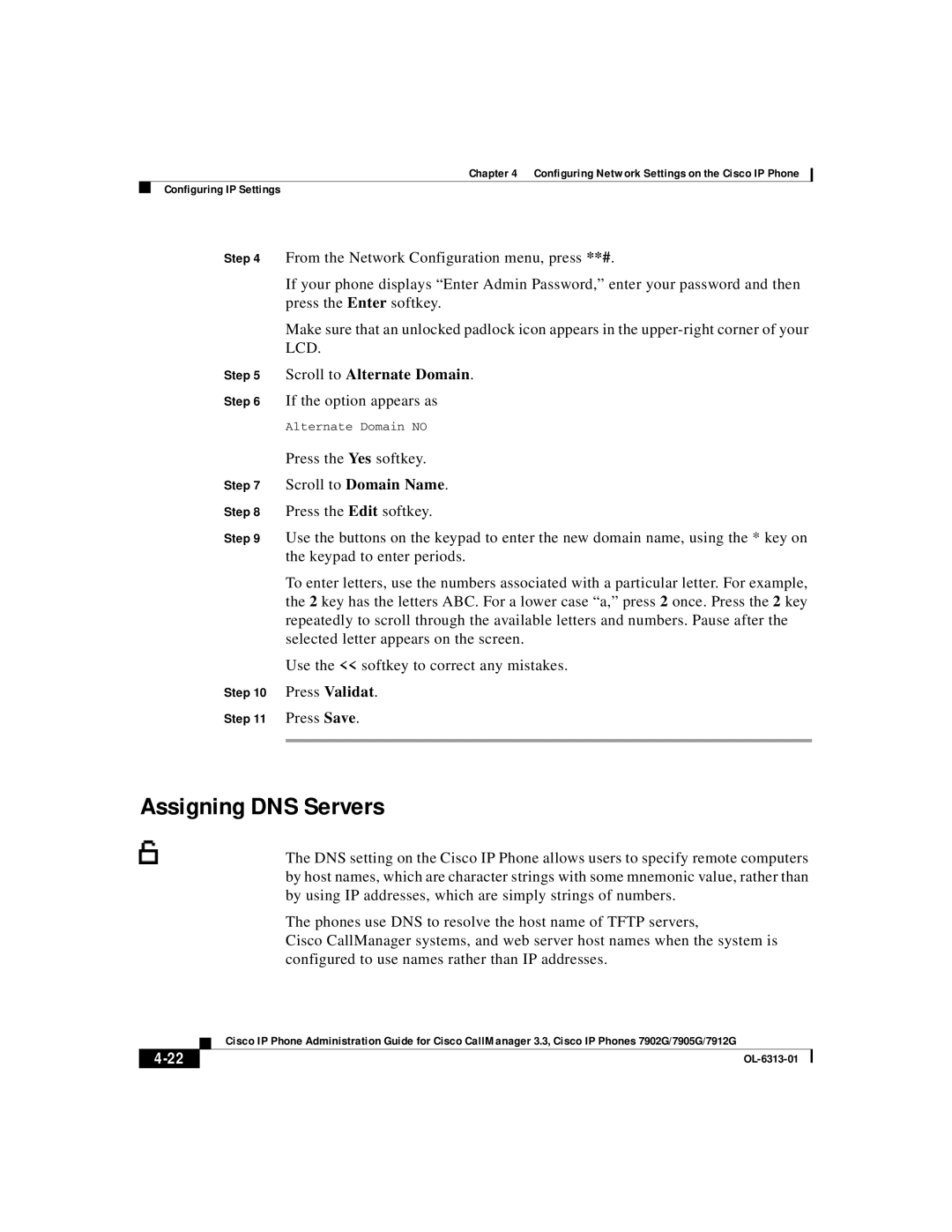 Cisco Systems 7902G, 7905G, 7912G manual Assigning DNS Servers, Scroll to Alternate Domain 