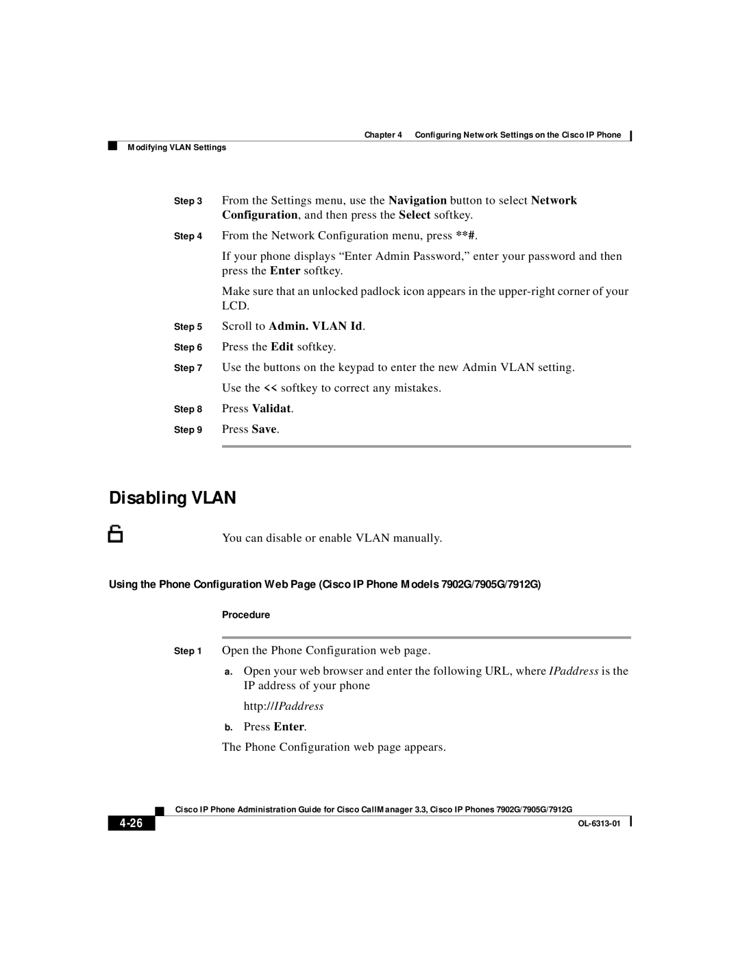 Cisco Systems 7905G, 7902G, 7912G manual Disabling Vlan, Scroll to Admin. Vlan Id 