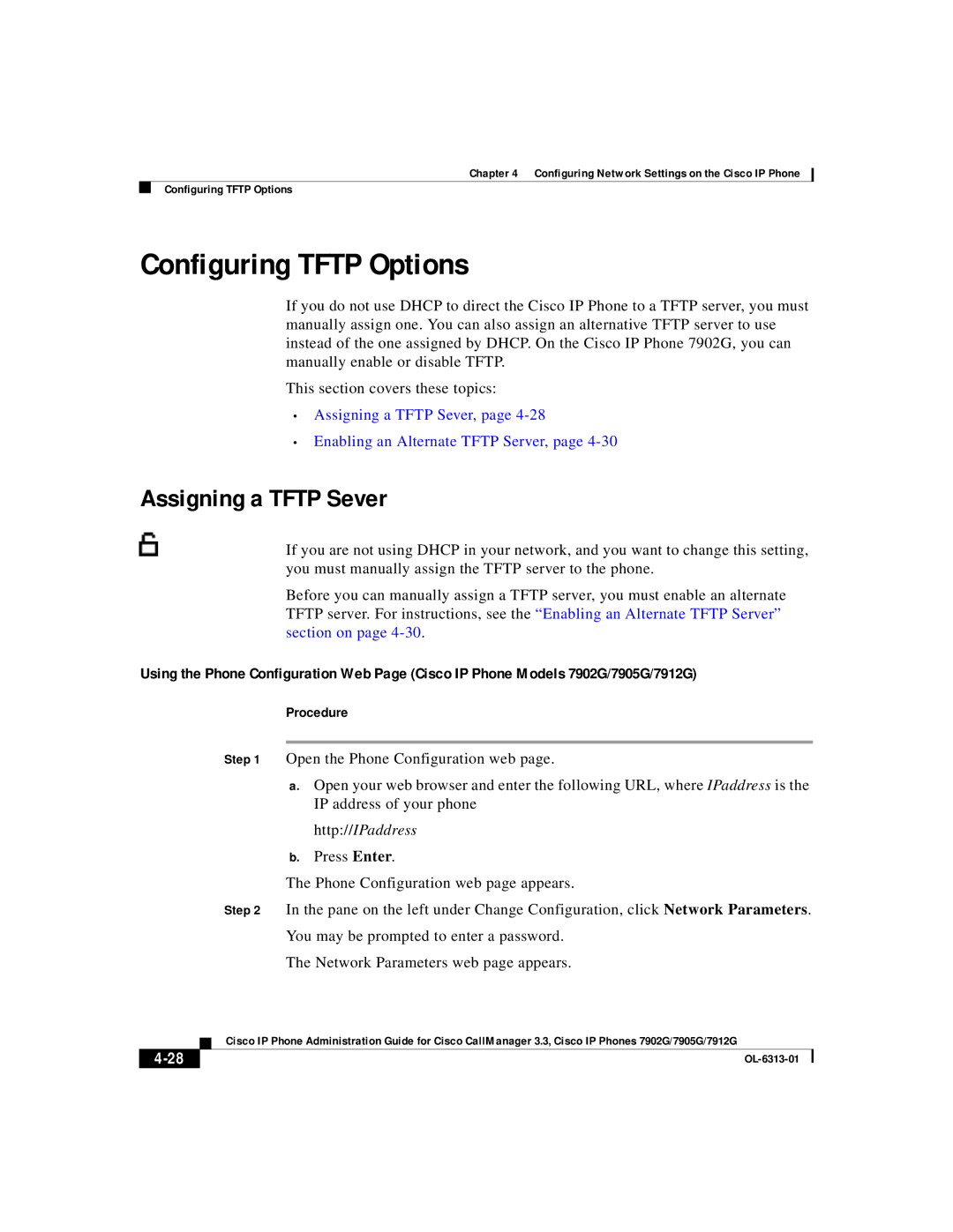 Cisco Systems 7902G, 7905G, 7912G manual Configuring Tftp Options, Assigning a Tftp Sever 