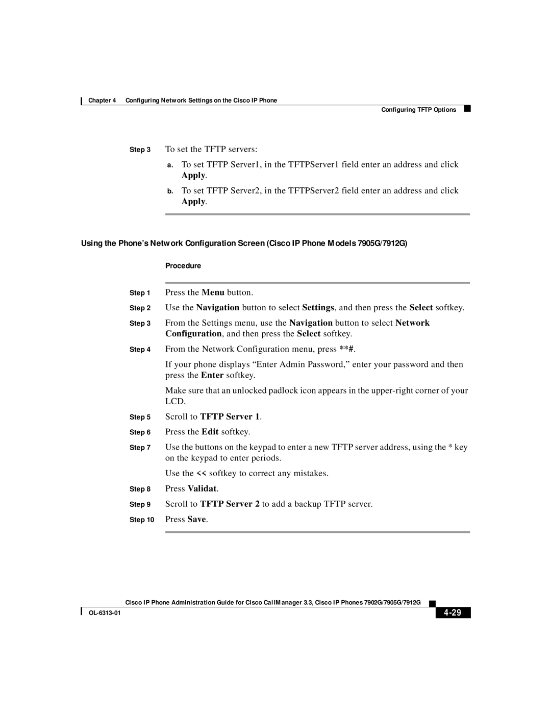 Cisco Systems 7905G, 7902G, 7912G manual Scroll to Tftp Server 