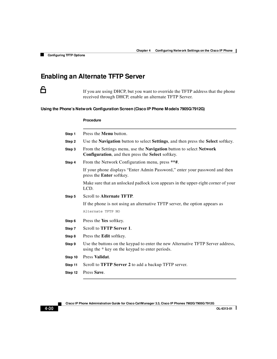 Cisco Systems 7912G, 7902G, 7905G manual Enabling an Alternate Tftp Server, Scroll to Alternate Tftp 