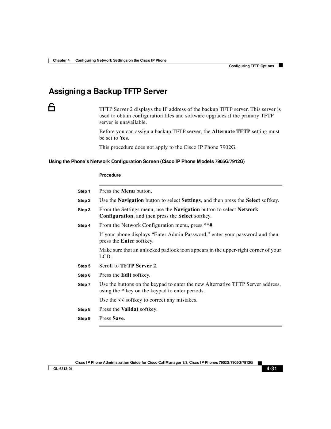 Cisco Systems 7902G, 7905G, 7912G manual Assigning a Backup Tftp Server 