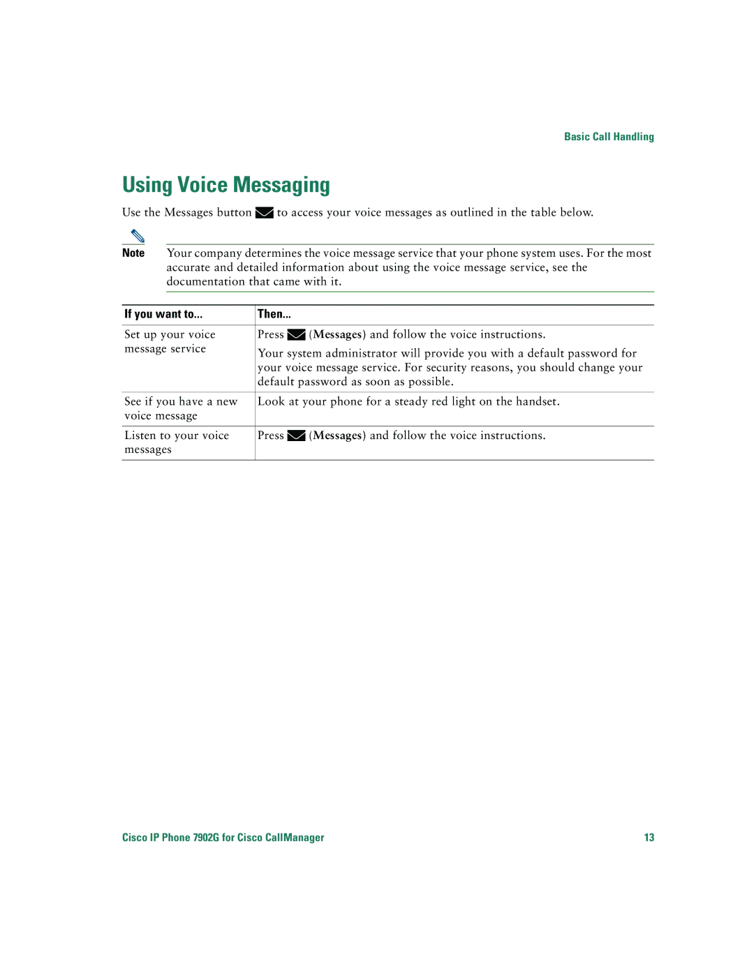 Cisco Systems 7902G warranty Using Voice Messaging 