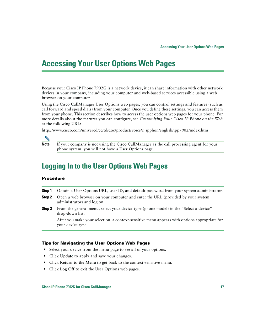 Cisco Systems 7902G warranty Accessing Your User Options Web Pages, Logging In to the User Options Web Pages, Procedure 