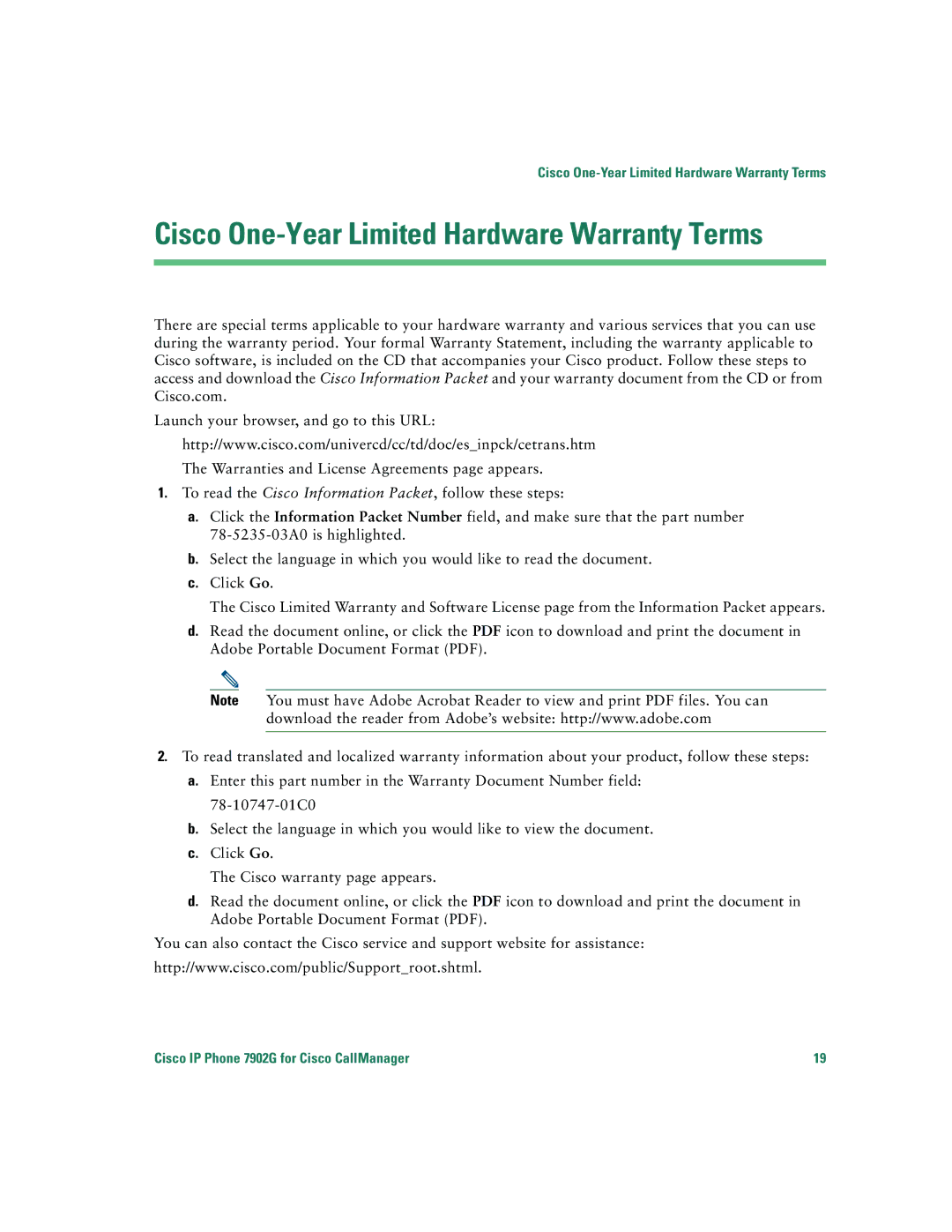 Cisco Systems 7902G warranty Cisco One-Year Limited Hardware Warranty Terms 