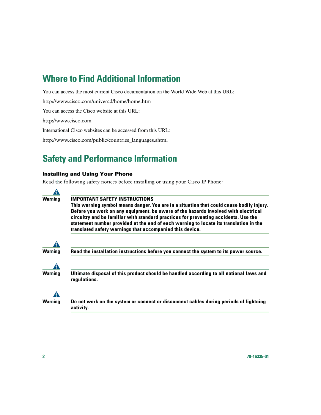 Cisco Systems 7902G warranty Where to Find Additional Information, Safety and Performance Information 