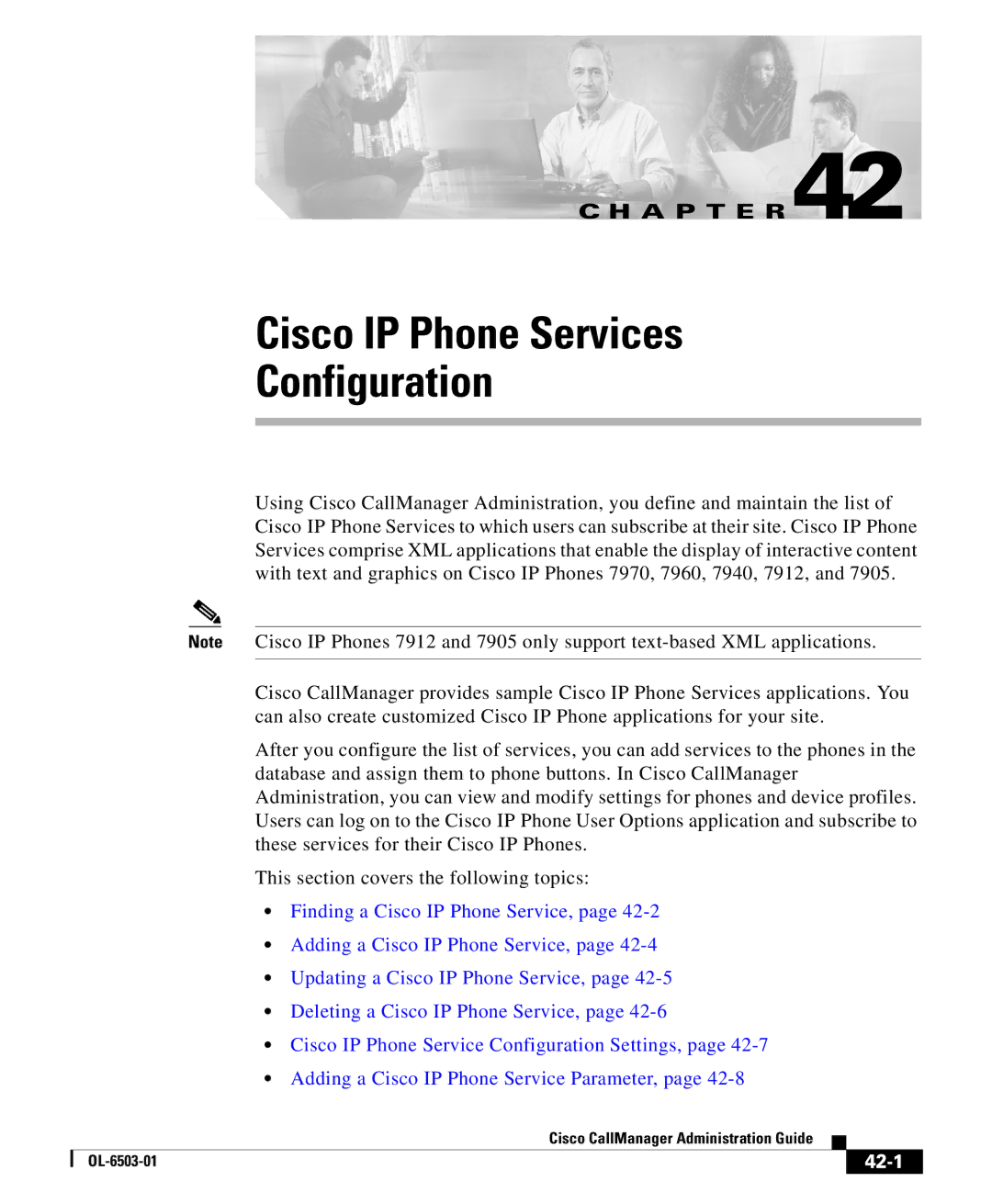 Cisco Systems 7905 manual Cisco IP Phone Services Configuration, 42-1 