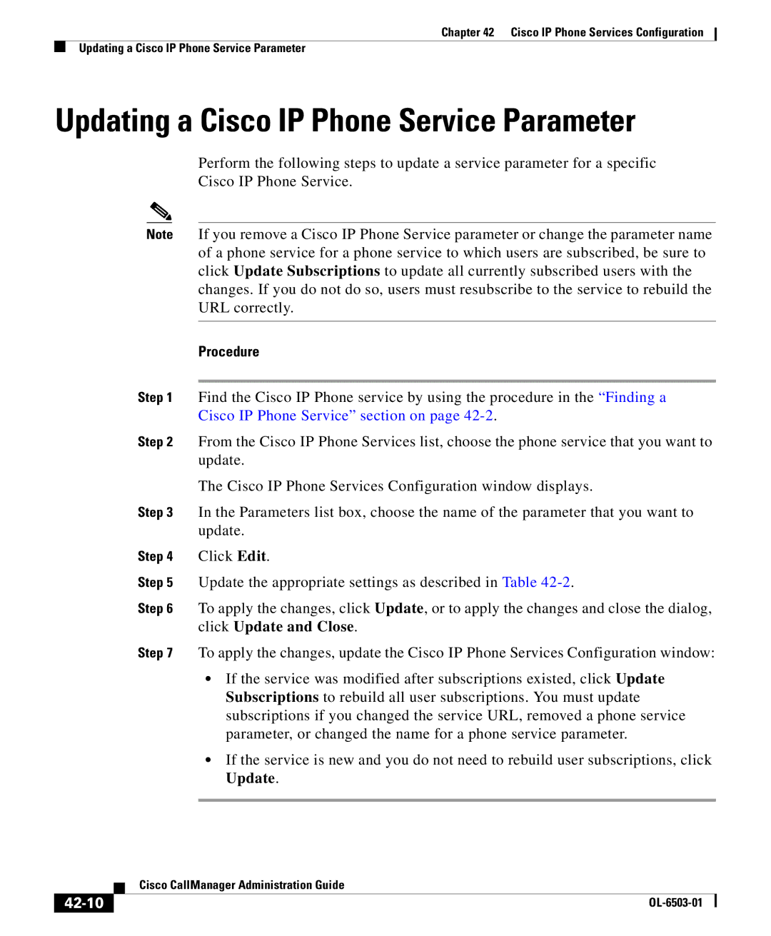 Cisco Systems 7905 manual Updating a Cisco IP Phone Service Parameter, 42-10 