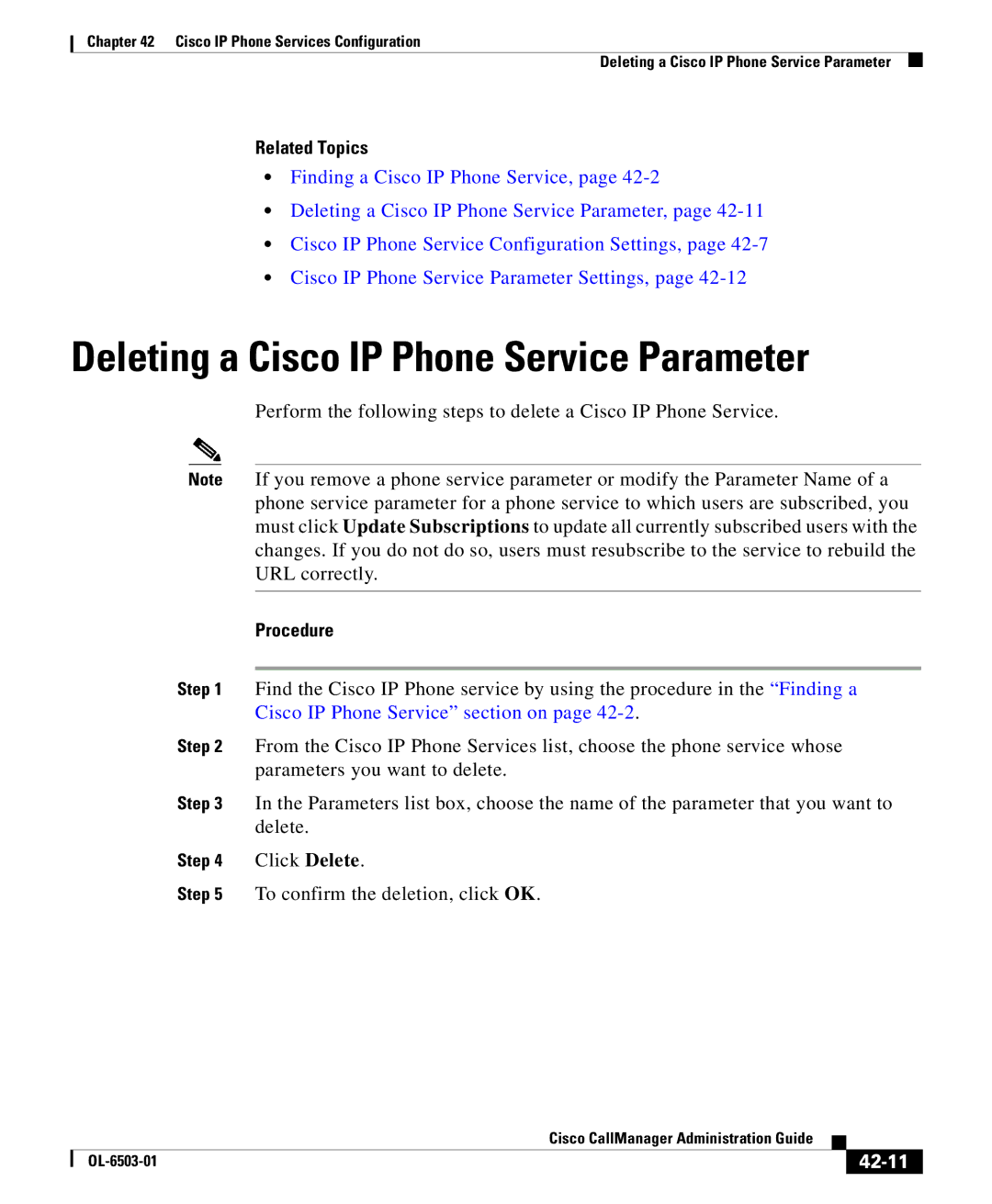 Cisco Systems 7905 manual Deleting a Cisco IP Phone Service Parameter, 42-11 