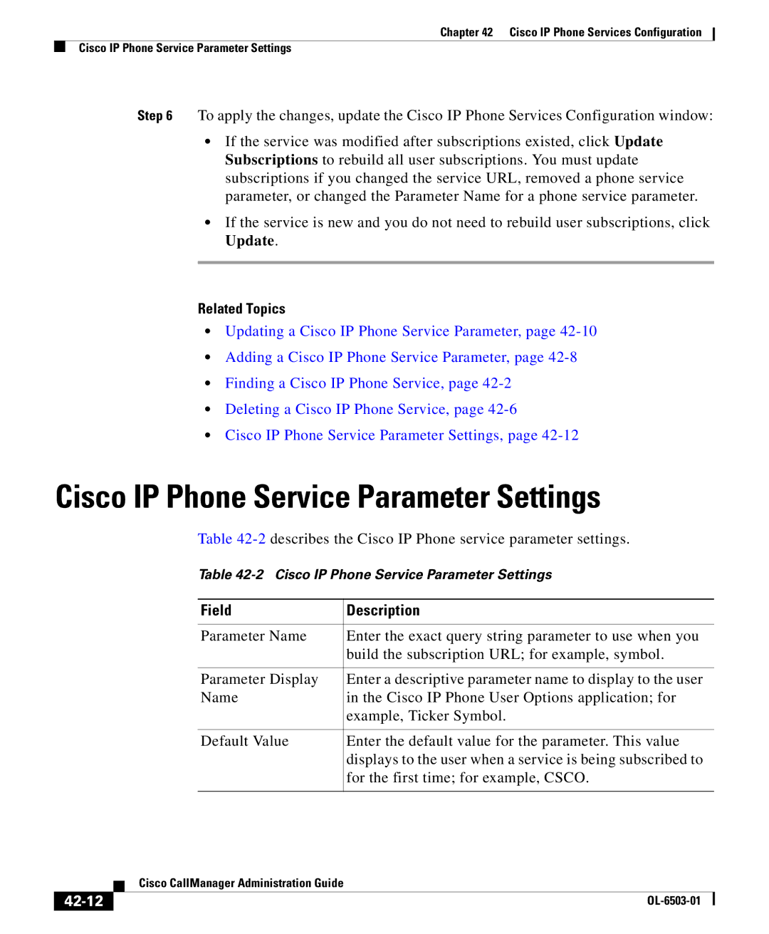 Cisco Systems 7905 manual Cisco IP Phone Service Parameter Settings, 42-12 