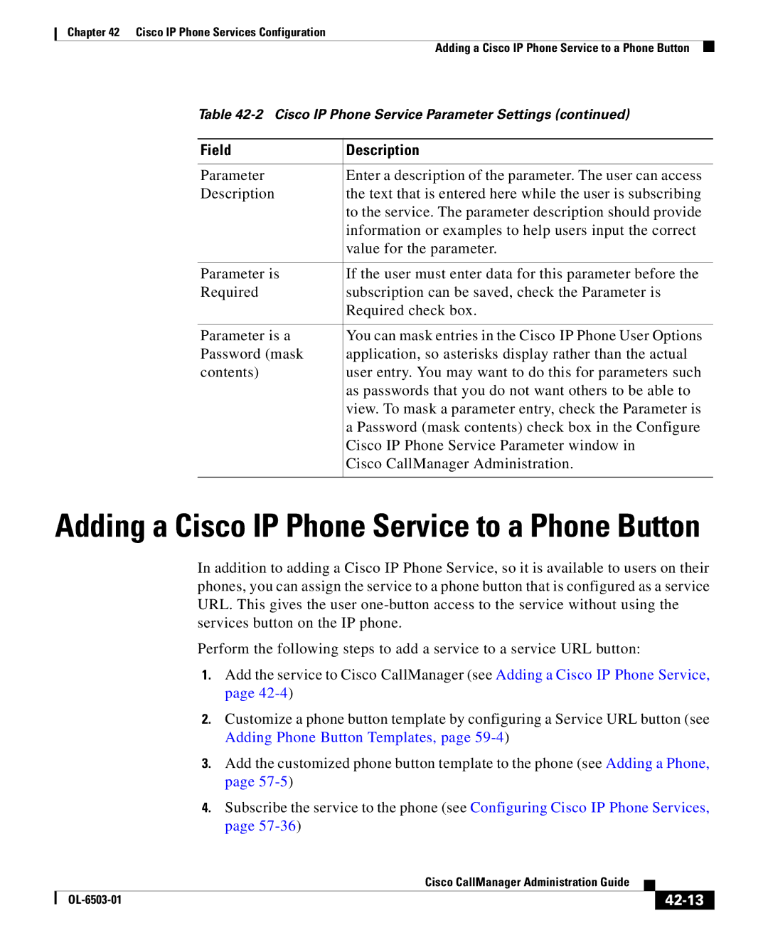 Cisco Systems 7905 manual Adding a Cisco IP Phone Service to a Phone Button, 42-13 