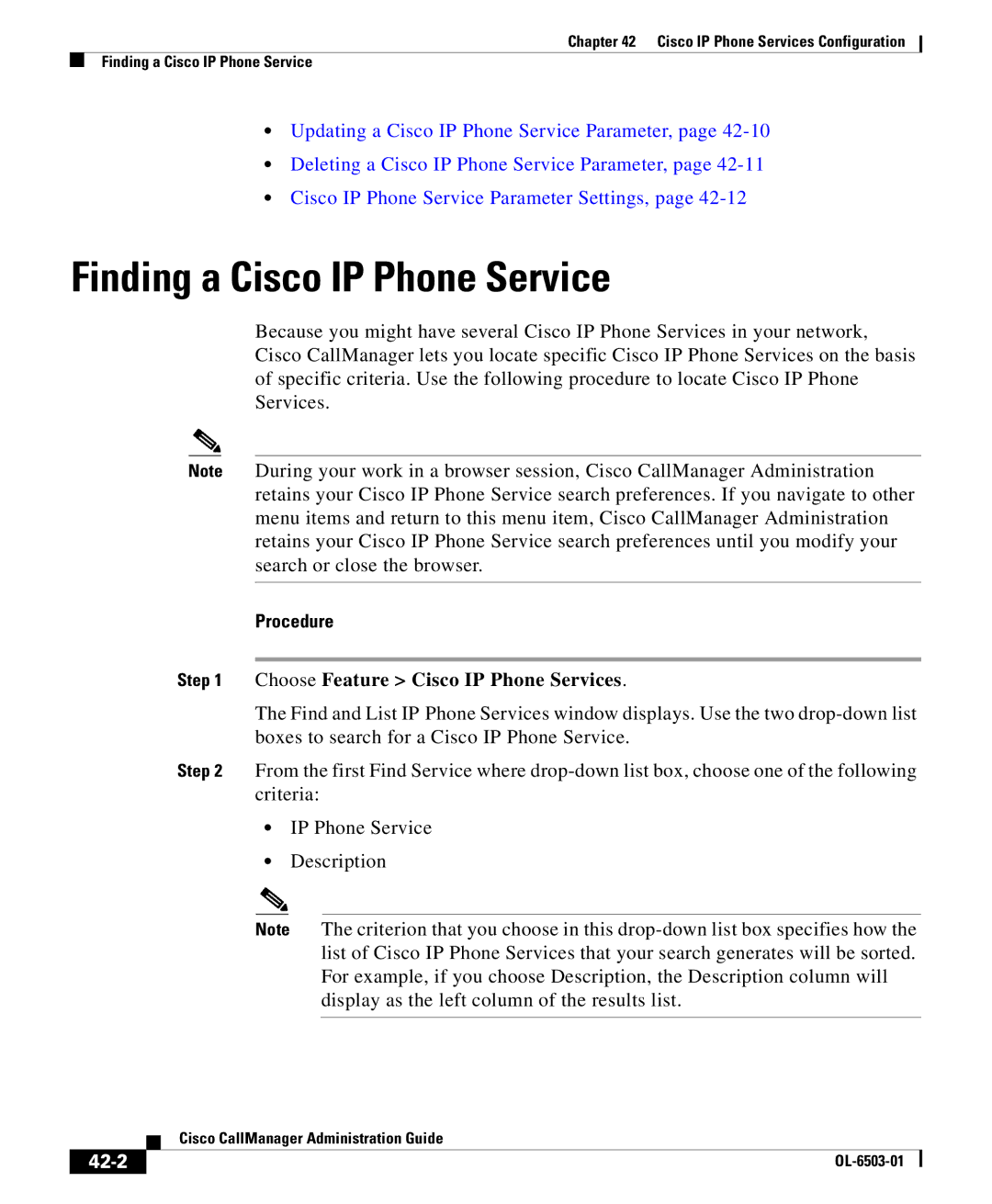 Cisco Systems 7905 manual Finding a Cisco IP Phone Service, Procedure, 42-2 