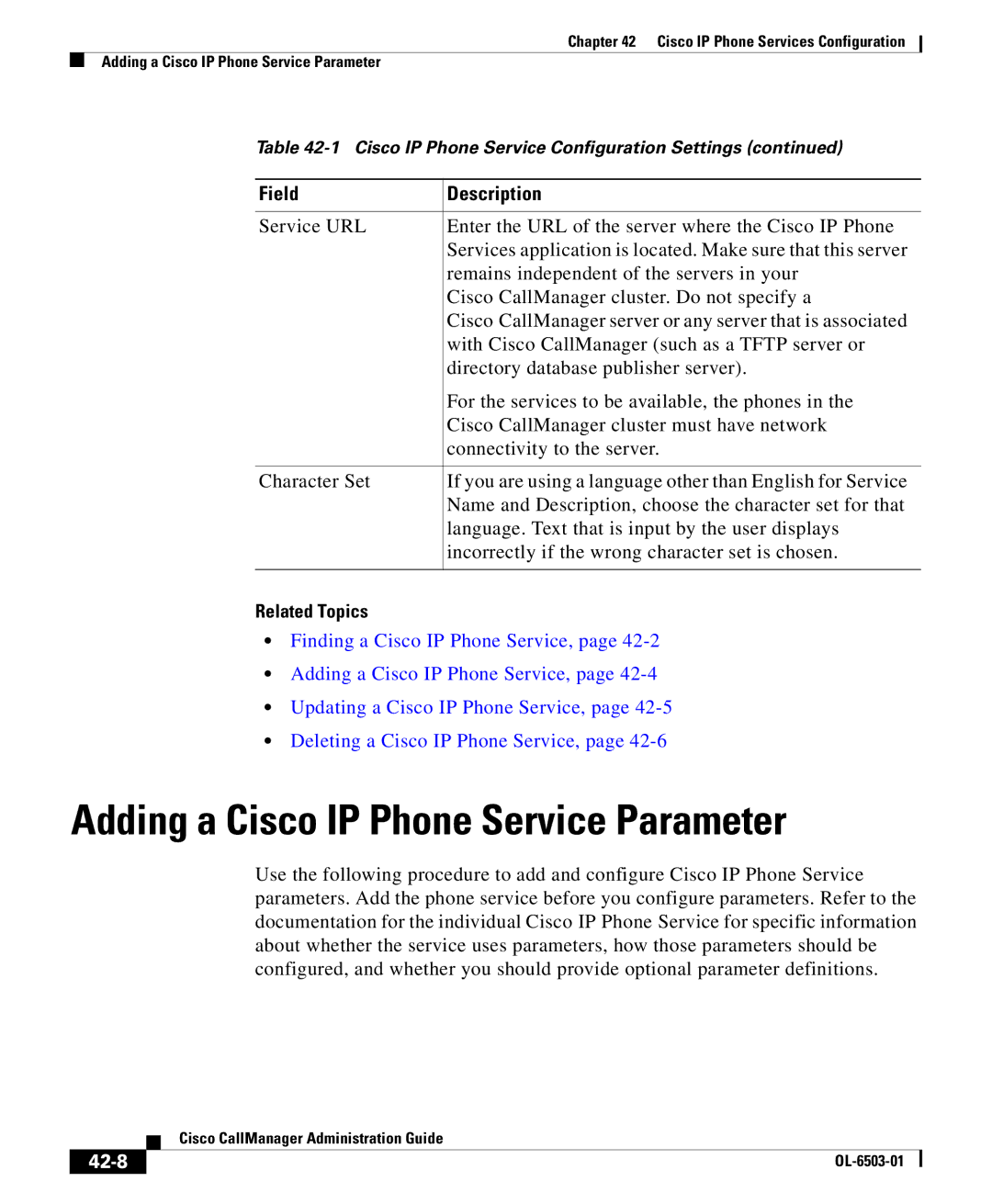 Cisco Systems 7905 manual Adding a Cisco IP Phone Service Parameter, 42-8 