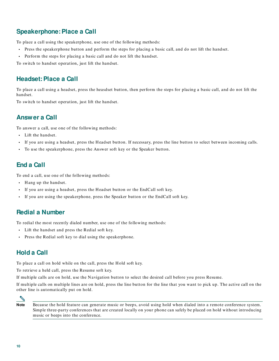 Cisco Systems 7905 manual Speakerphone Place a Call, Headset Place a Call, Answer a Call, End a Call, Redial a Number 