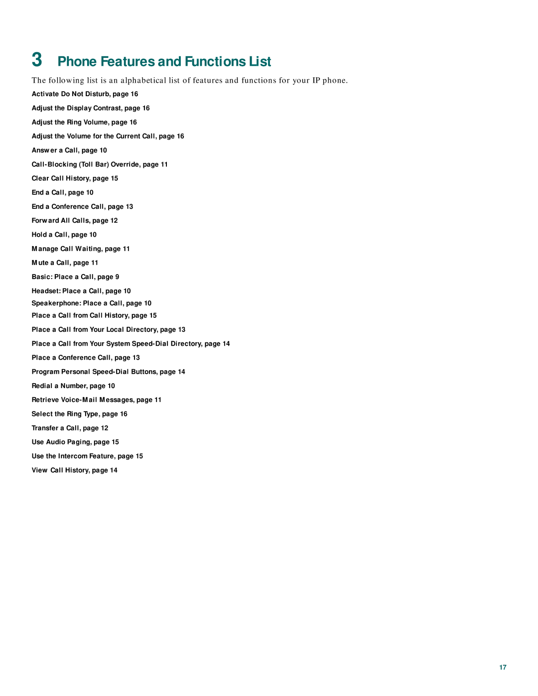 Cisco Systems 7905 manual Phone Features and Functions List 