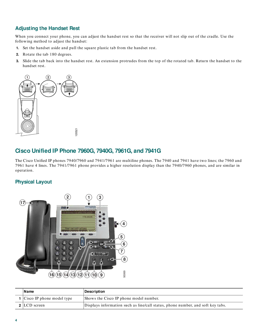 Cisco Systems 7905 manual Cisco Unified IP Phone 7960G, 7940G, 7961G, and 7941G, Adjusting the Handset Rest 