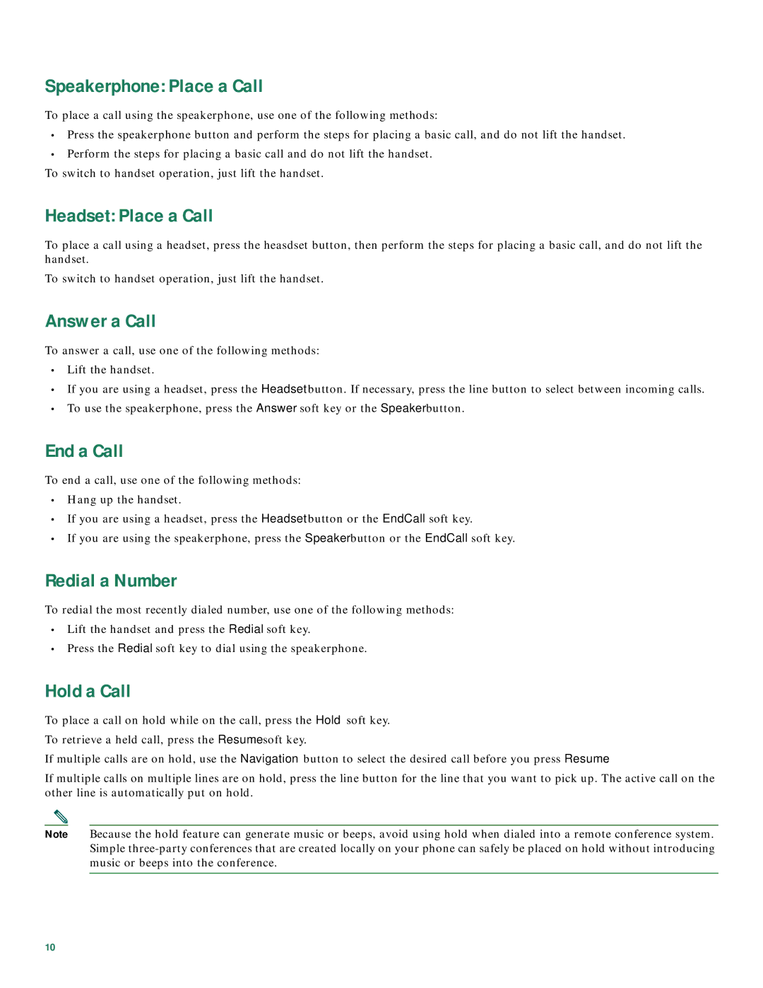 Cisco Systems 7941/7961 manual Speakerphone Place a Call, Headset Place a Call, Answer a Call, End a Call, Redial a Number 