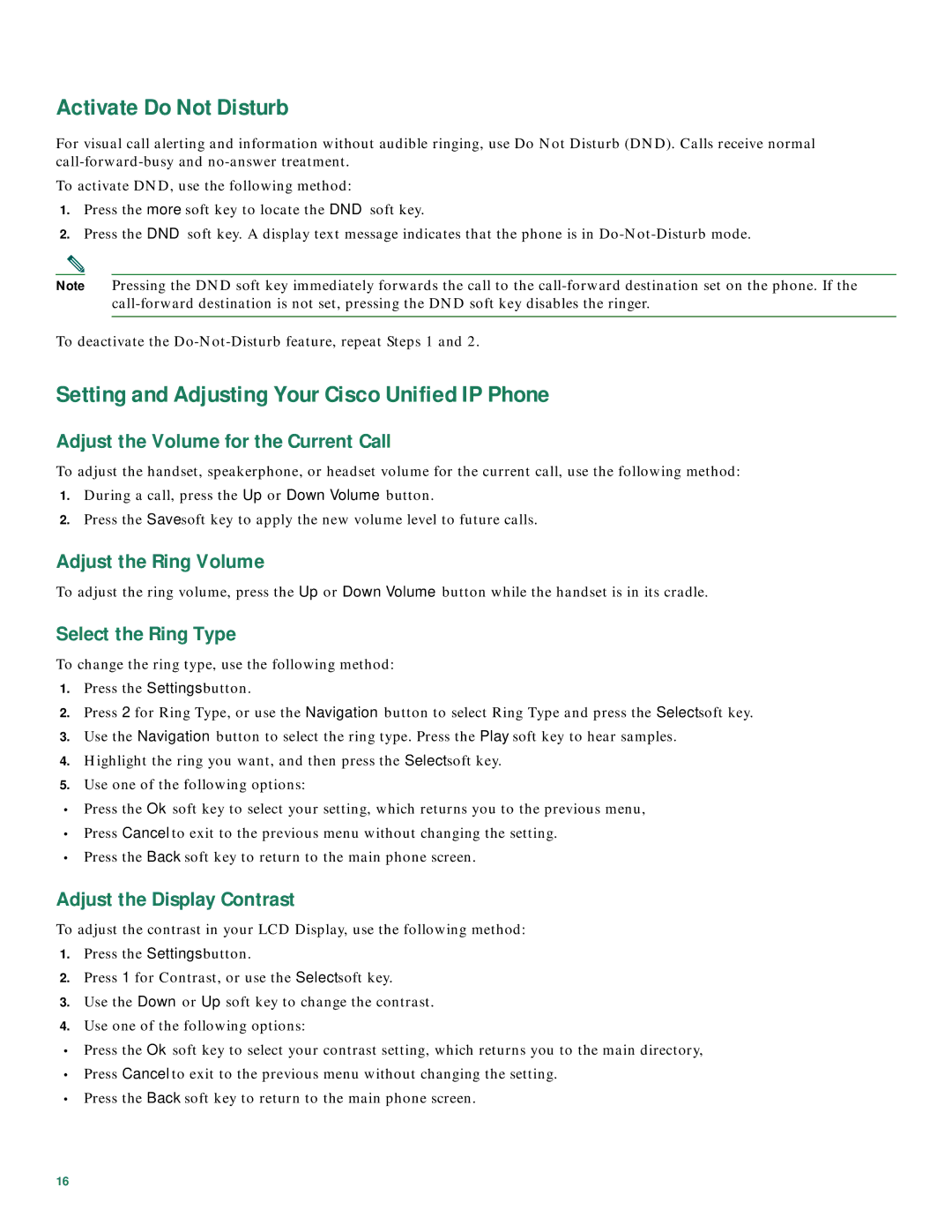 Cisco Systems 7941/7961, 7905/7912, 7906/7911G Activate Do Not Disturb, Setting and Adjusting Your Cisco Unified IP Phone 