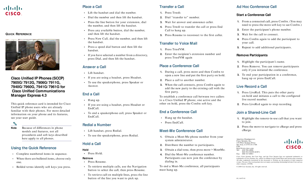 Cisco Systems 7912G, 7905G manual Using the Quick Reference, Place a Call, Answer a Call, End a Call, Redial a Number 