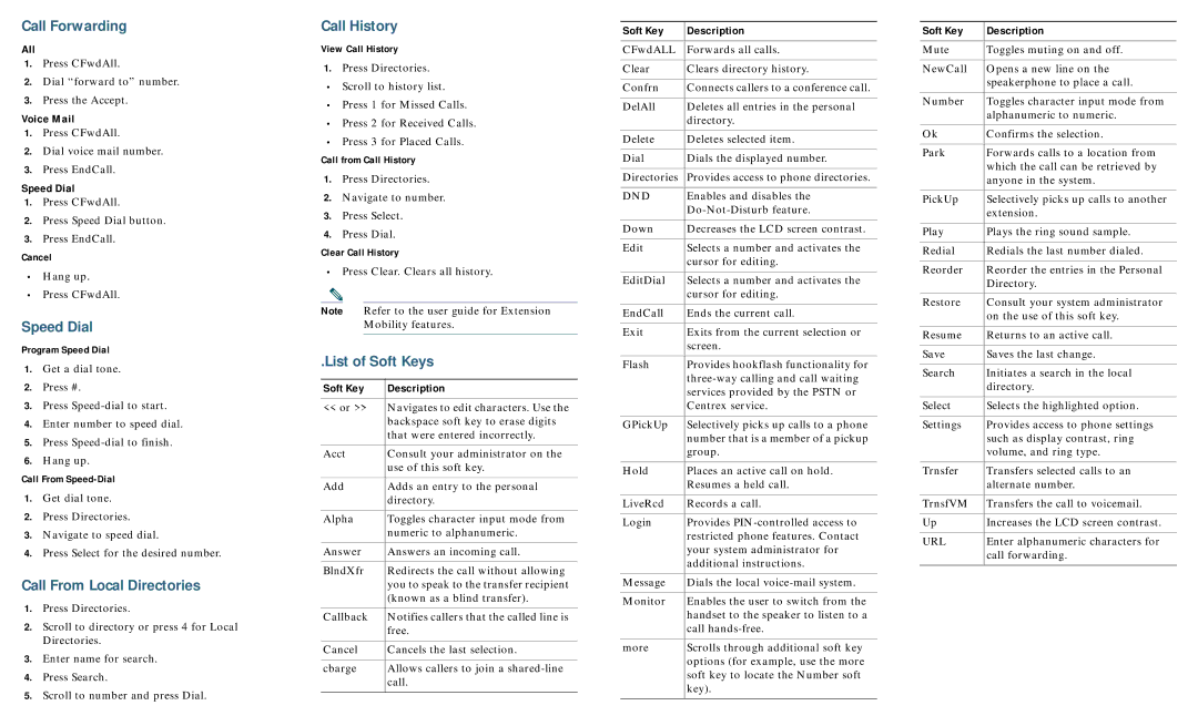 Cisco Systems 7940G, 7905G, 7912G Call Forwarding, Speed Dial, Call From Local Directories, Call History, List of Soft Keys 